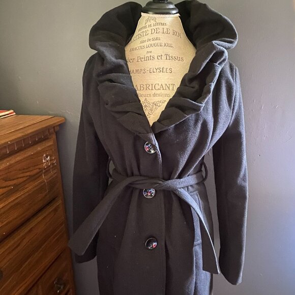 Black Wool Blend Coat with Waist Tie - Picture 3 of 6